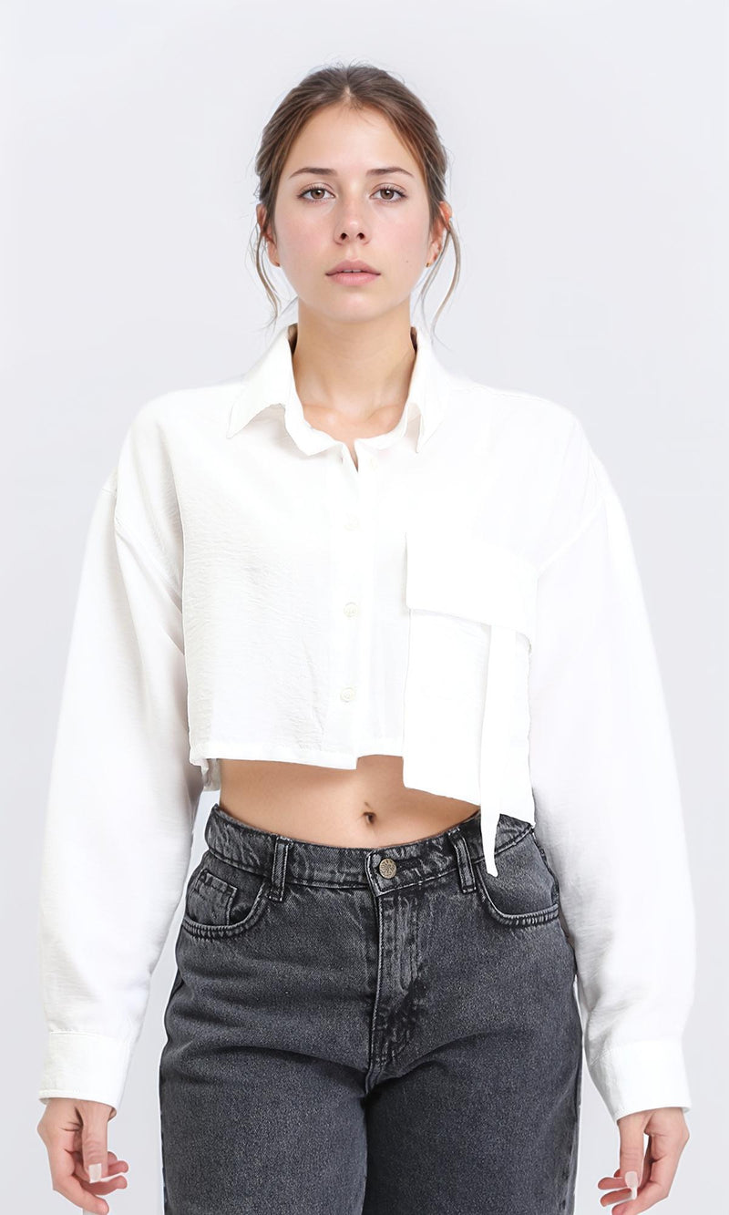 R208489 - Solid Cropped Shirt with Front Pocket - White