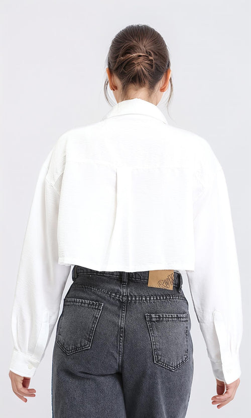 R208489 - Solid Cropped Shirt with Front Pocket - White