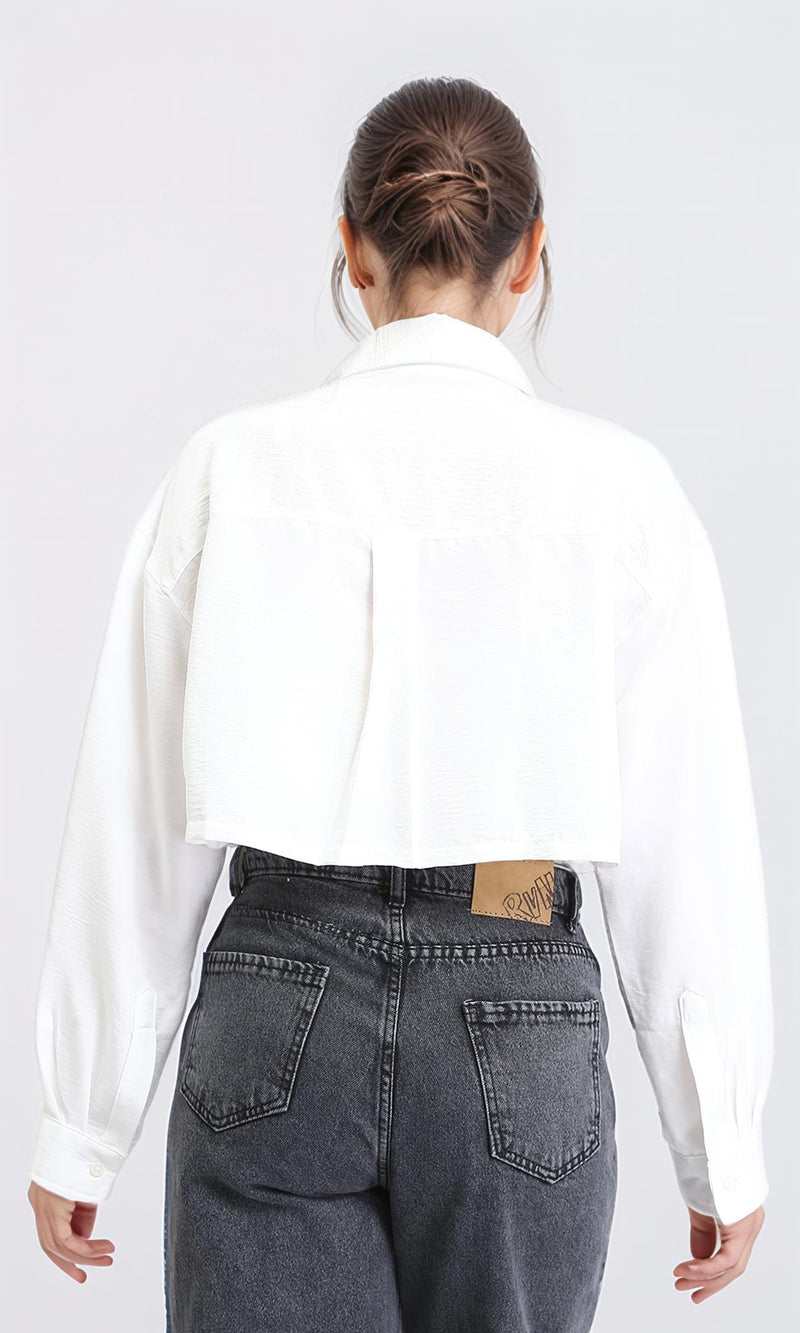 R208489 - Solid Cropped Shirt with Front Pocket - White