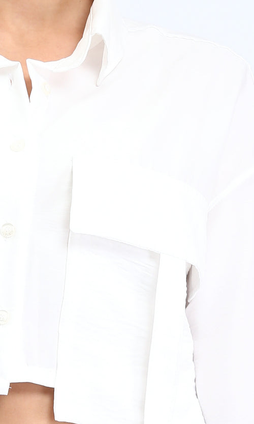 R208489 - Solid Cropped Shirt with Front Pocket - White