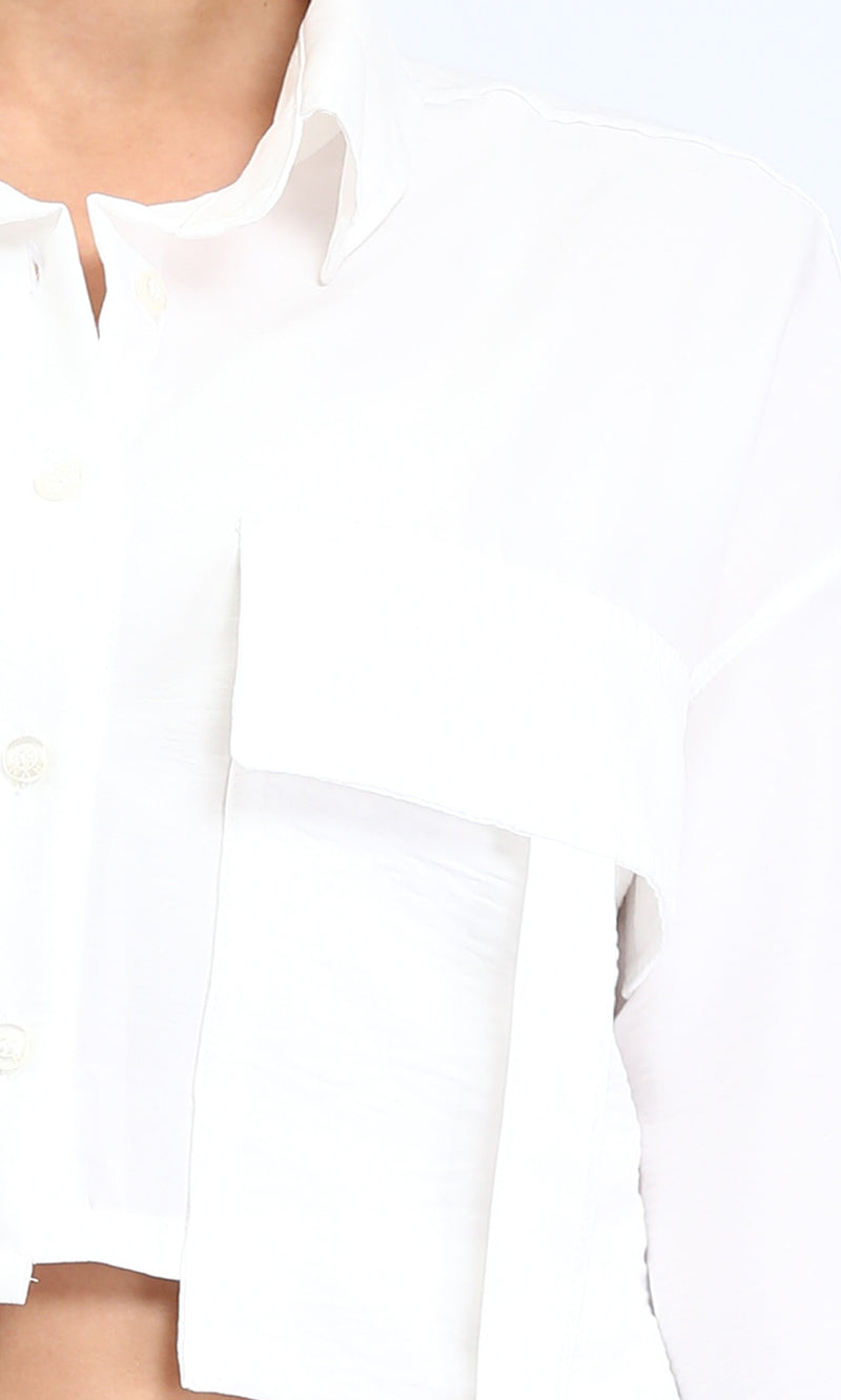 R208489 - Solid Cropped Shirt with Front Pocket - White