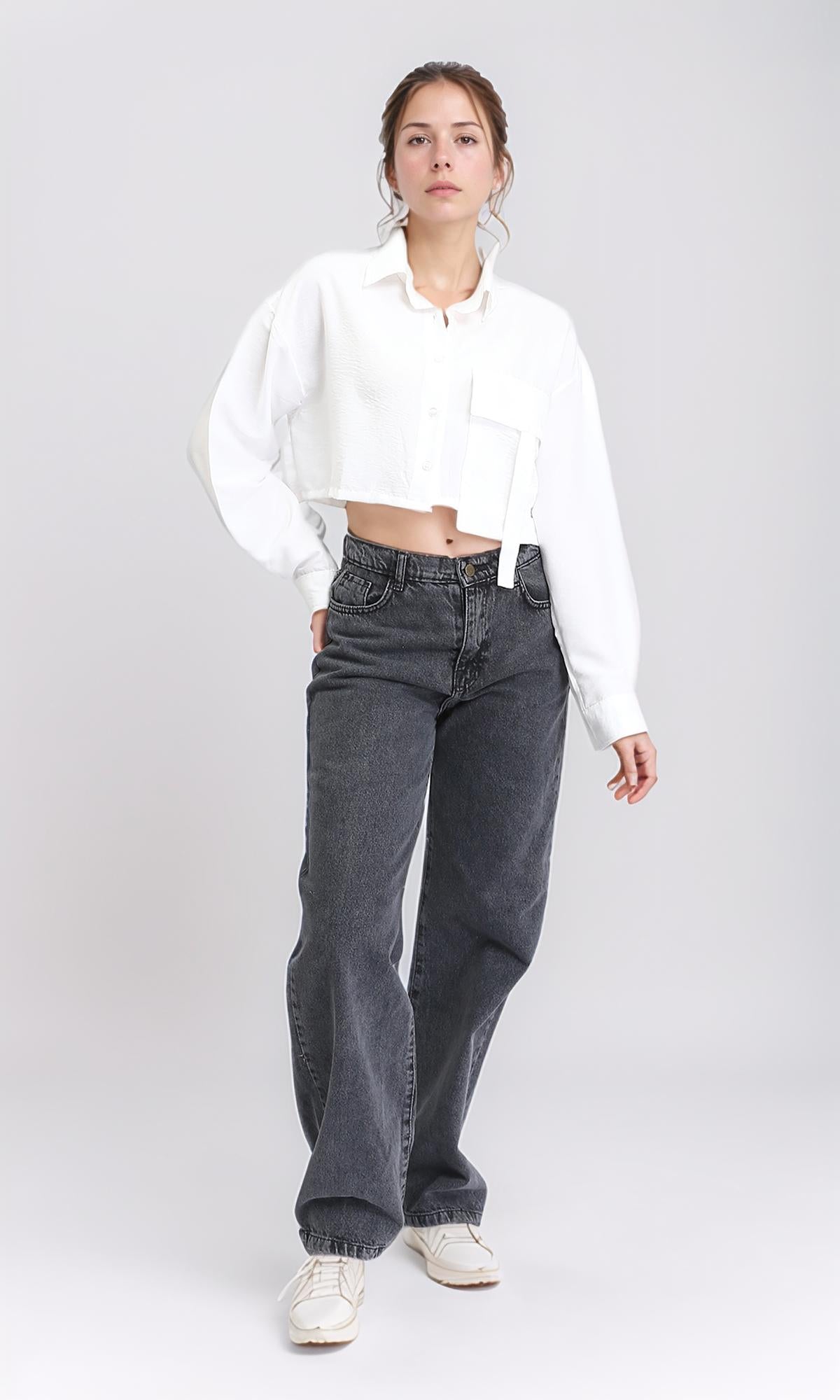 R208489 - Solid Cropped Shirt with Front Pocket - White