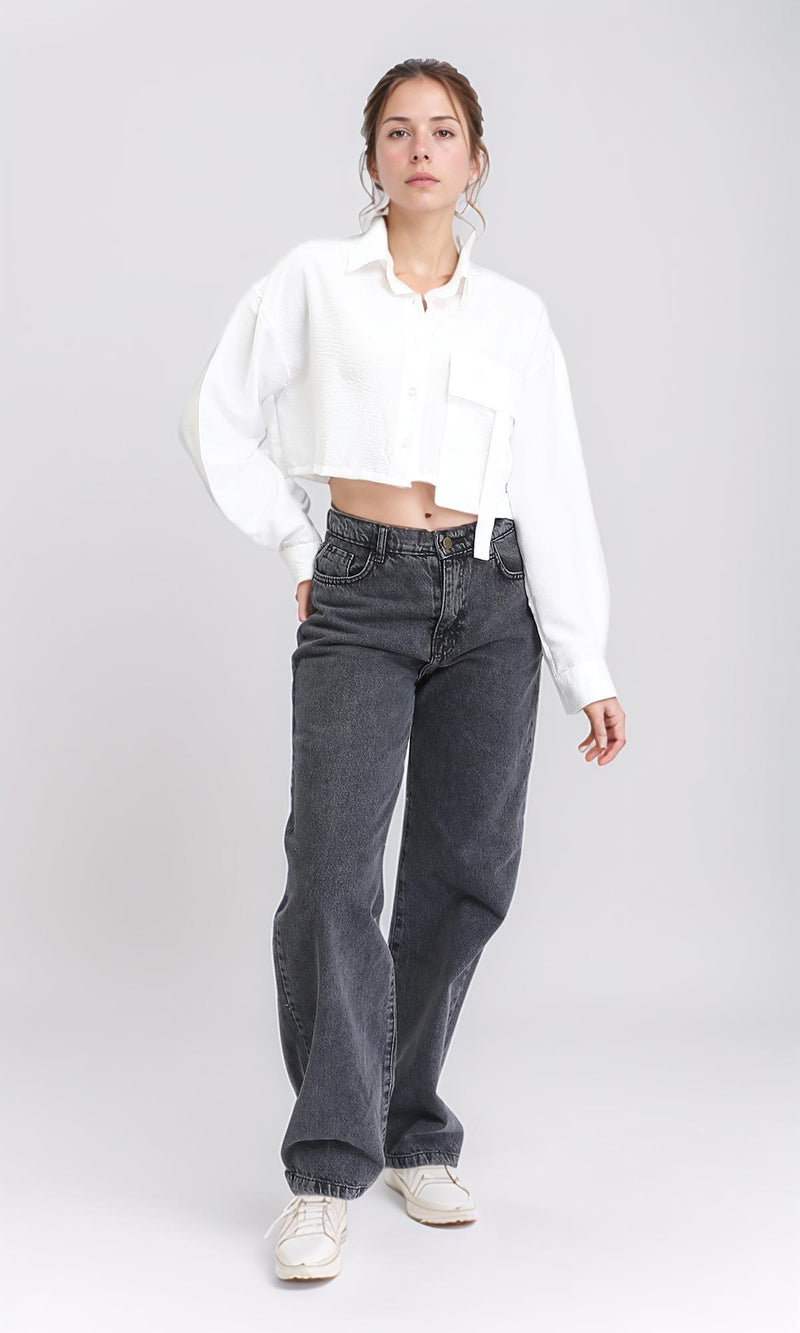 R208489 - Solid Cropped Shirt with Front Pocket - White