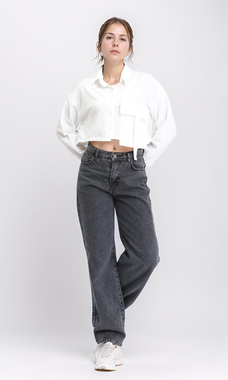 R208489 - Solid Cropped Shirt with Front Pocket - White