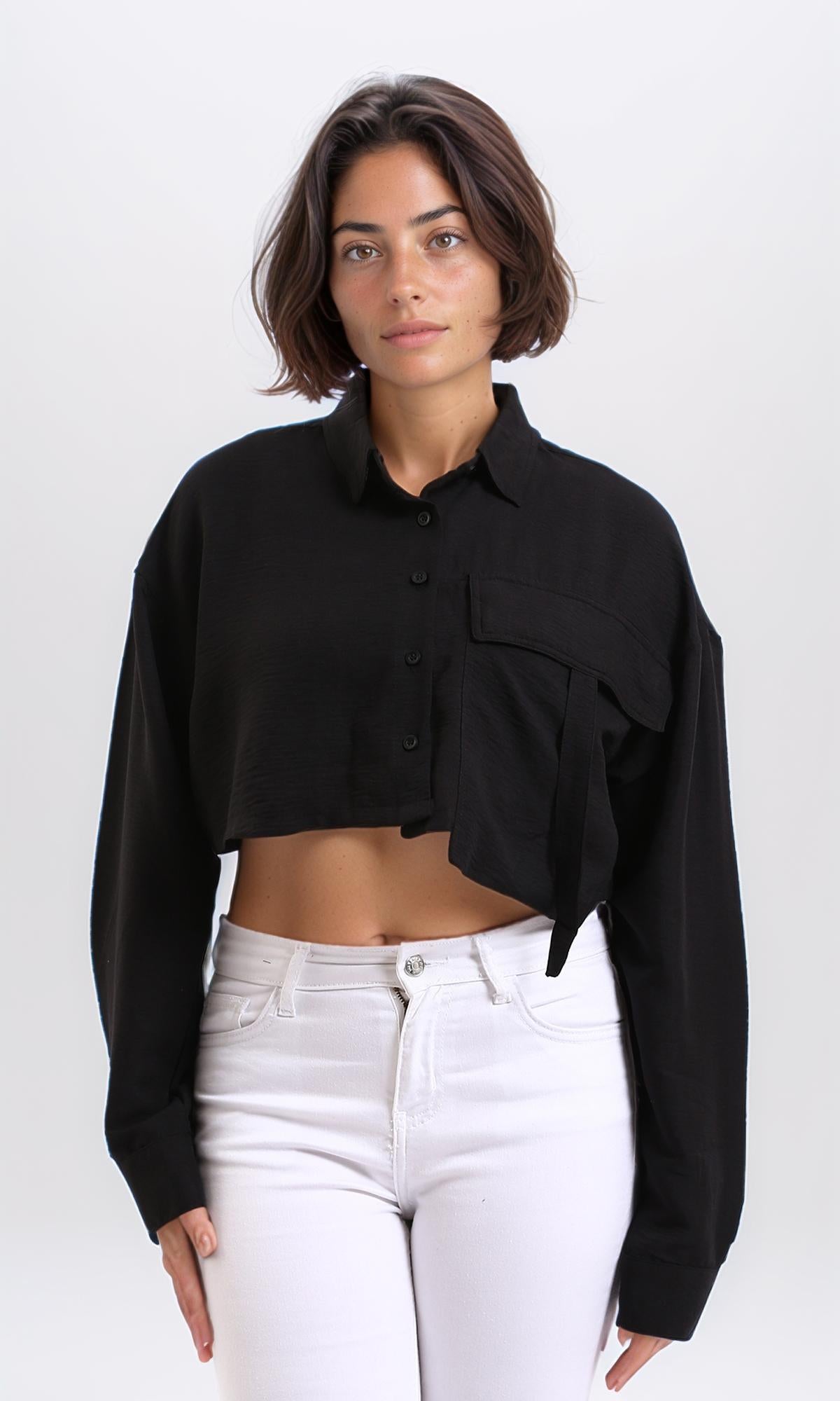 Lightweight Solid Cropped Shirt - Black