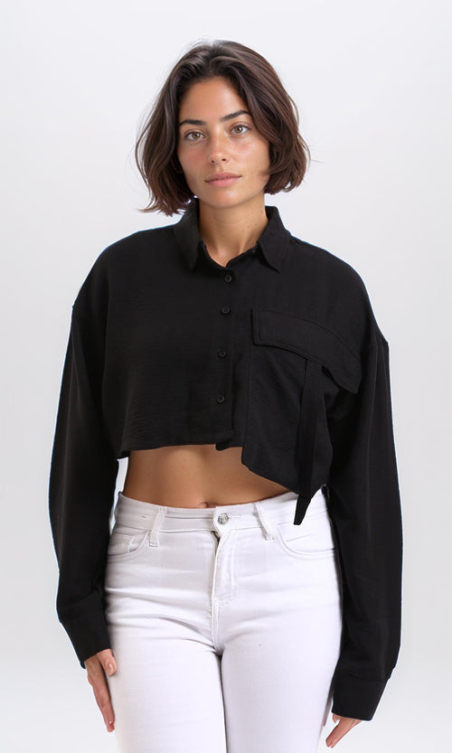 R208490 - Lightweight Solid Cropped Shirt - Black