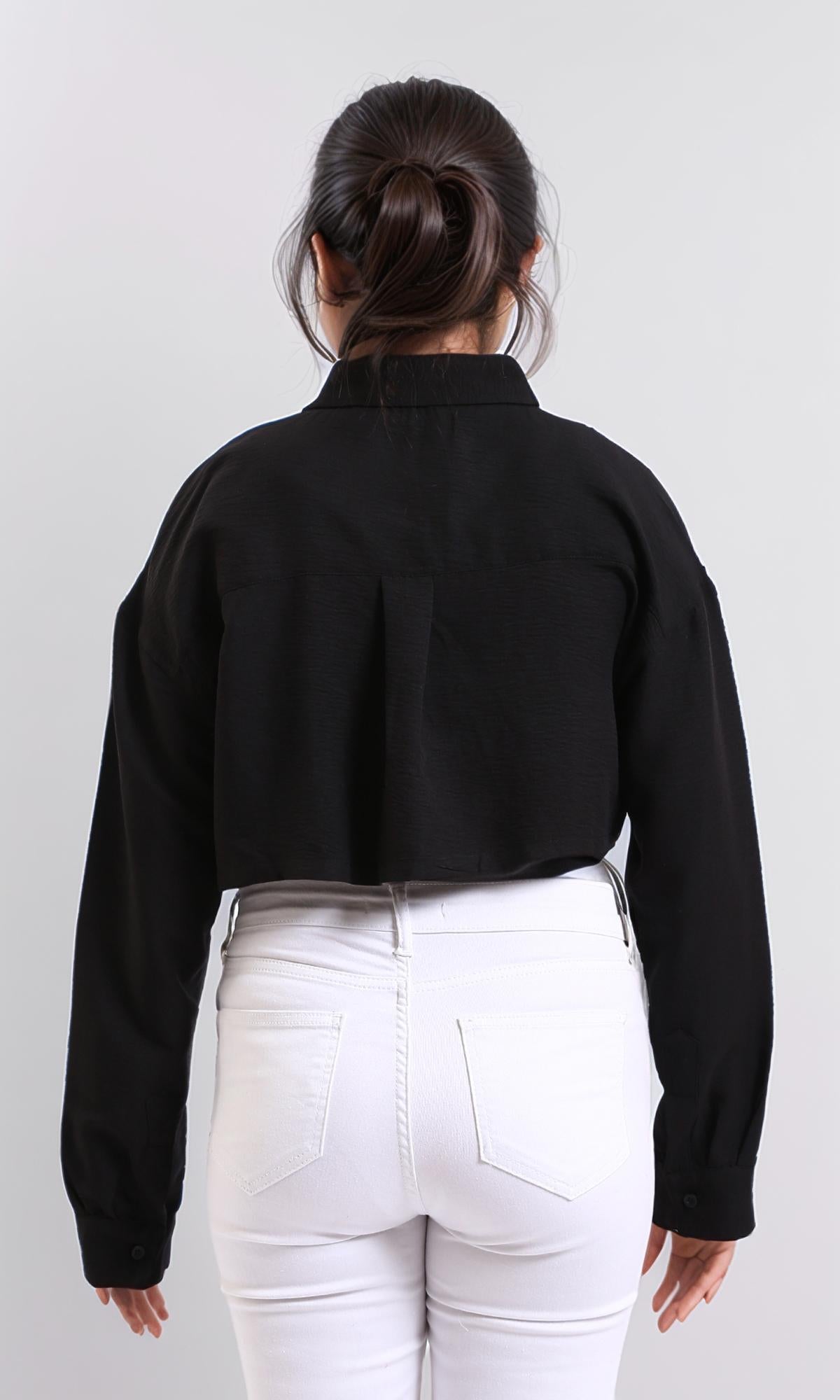 R208490 - Lightweight Solid Cropped Shirt - Black