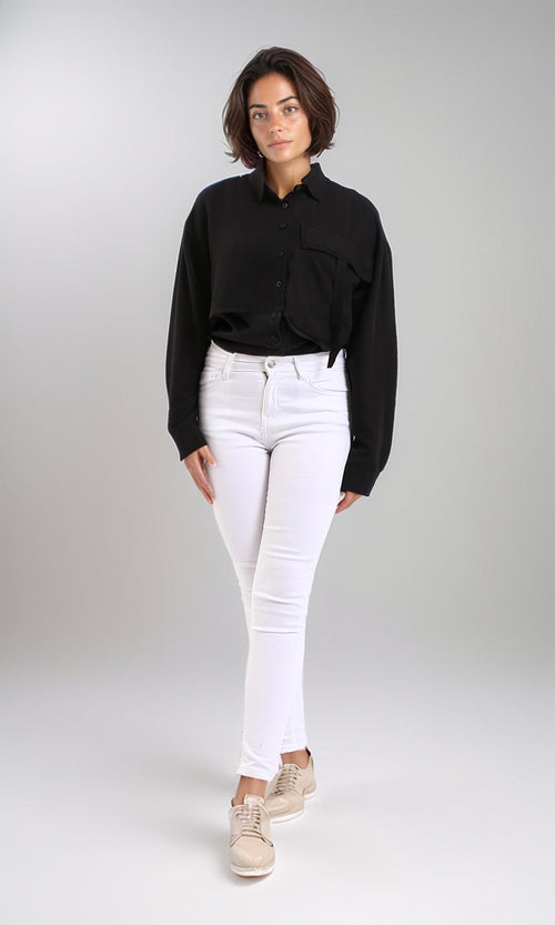 R208490 - Lightweight Solid Cropped Shirt - Black