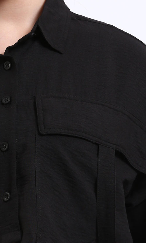 R208490 - Lightweight Solid Cropped Shirt - Black