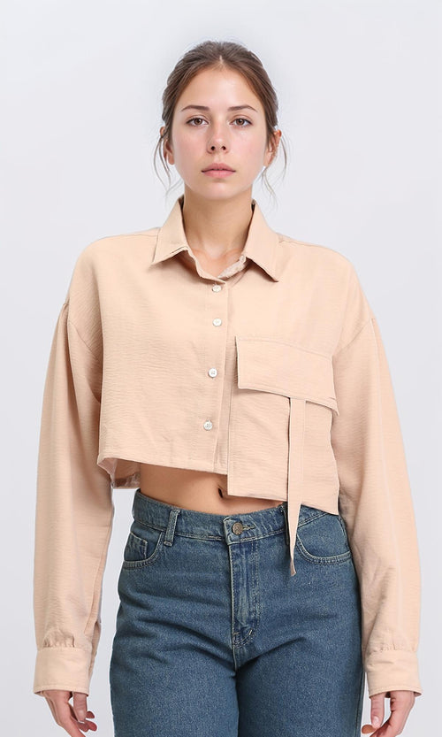 R208491 - Solid Cropped Shirt with Front Pocket - Light Coffee