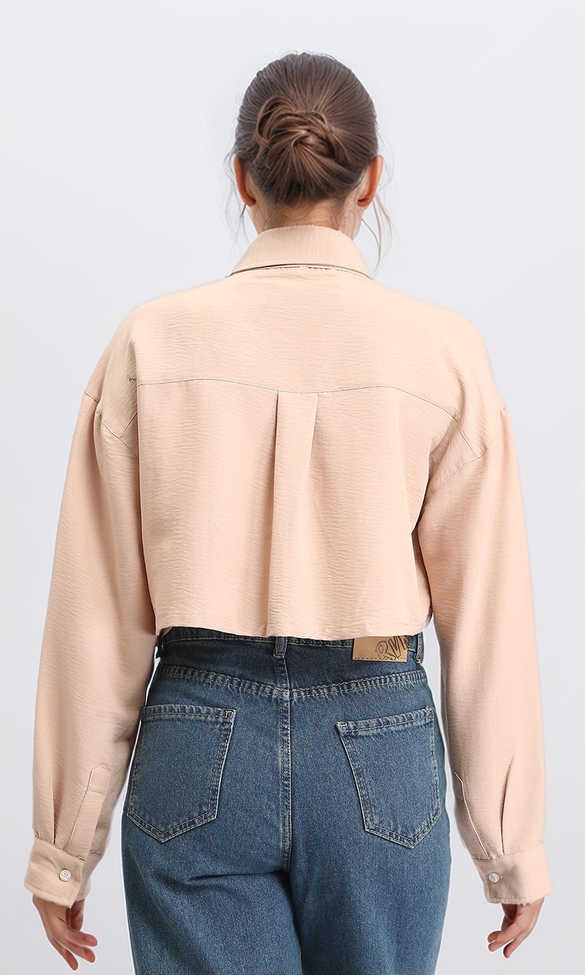 R208491 - Solid Cropped Shirt with Front Pocket - Light Coffee