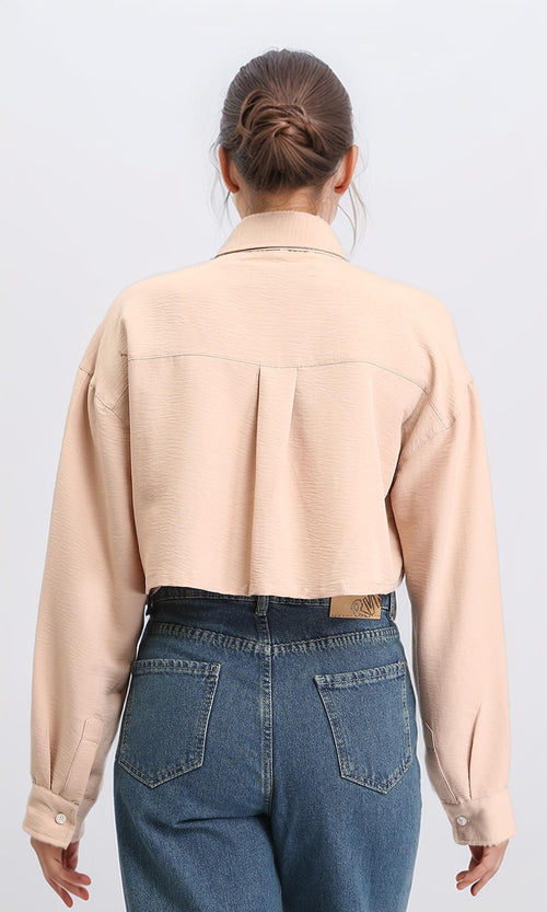 R208491 - Solid Cropped Shirt with Front Pocket - Light Coffee