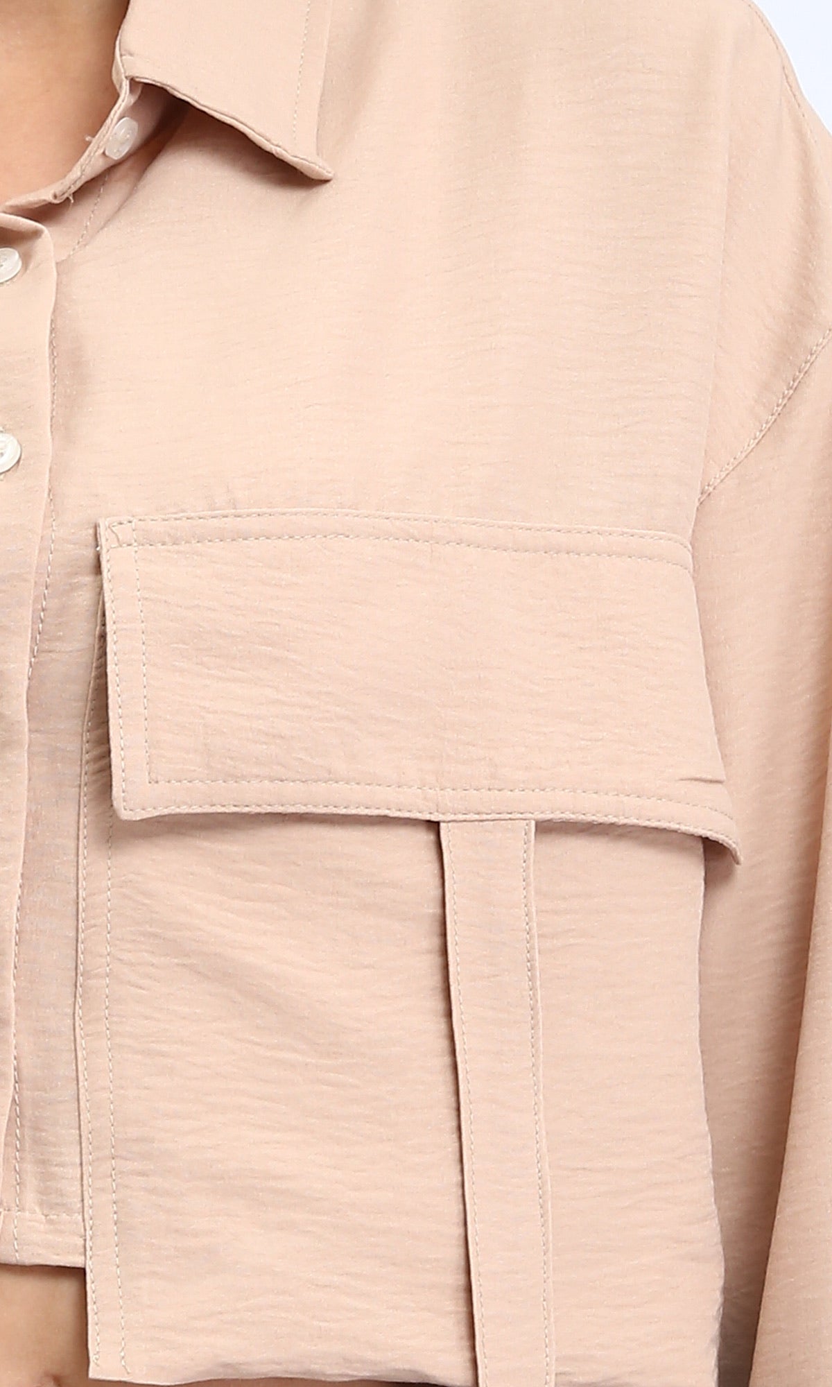 R208491 - Solid Cropped Shirt with Front Pocket - Light Coffee