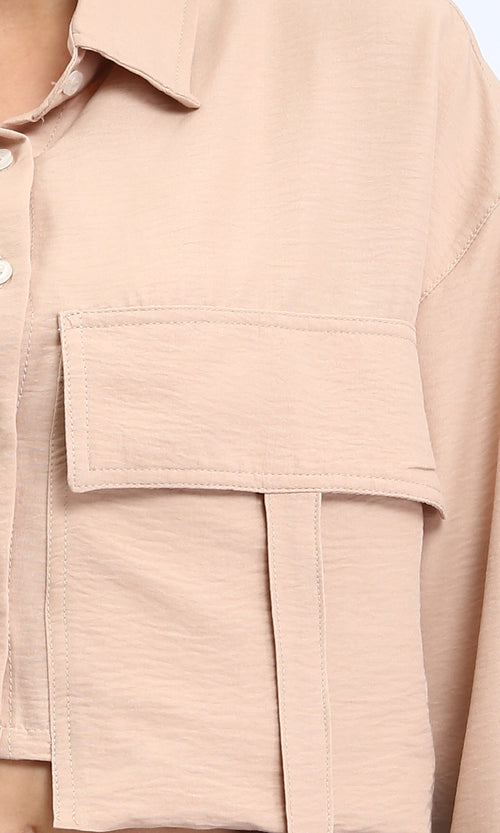 R208491 - Solid Cropped Shirt with Front Pocket - Light Coffee
