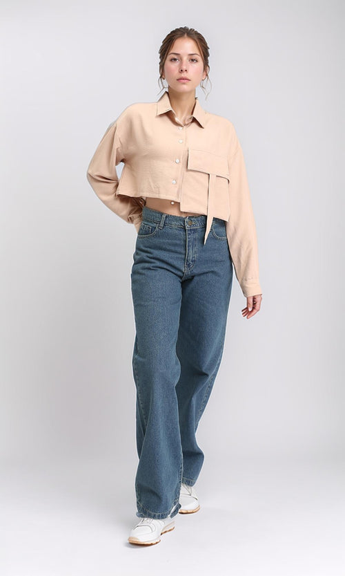 R208491 - Solid Cropped Shirt with Front Pocket - Light Coffee