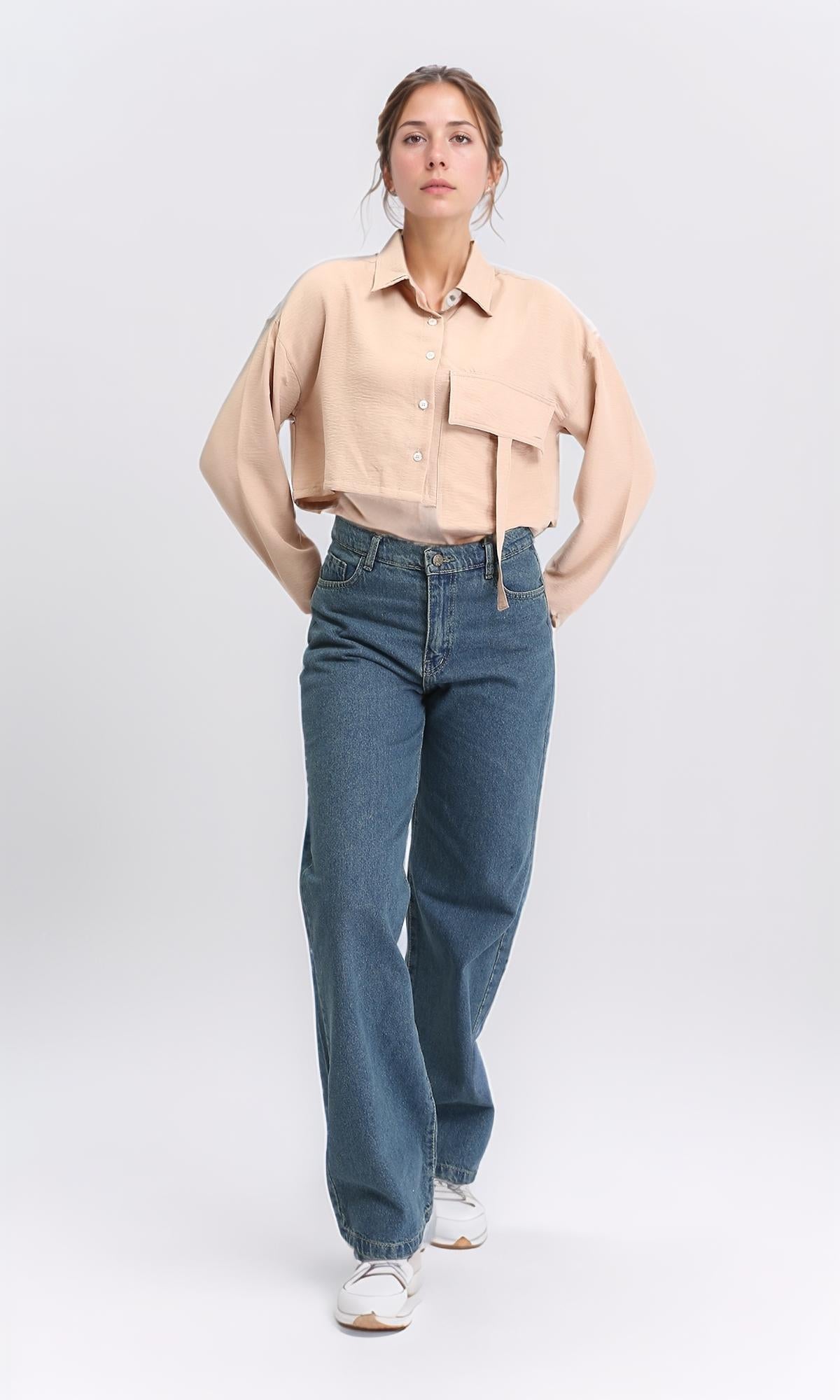 R208491 - Solid Cropped Shirt with Front Pocket - Light Coffee