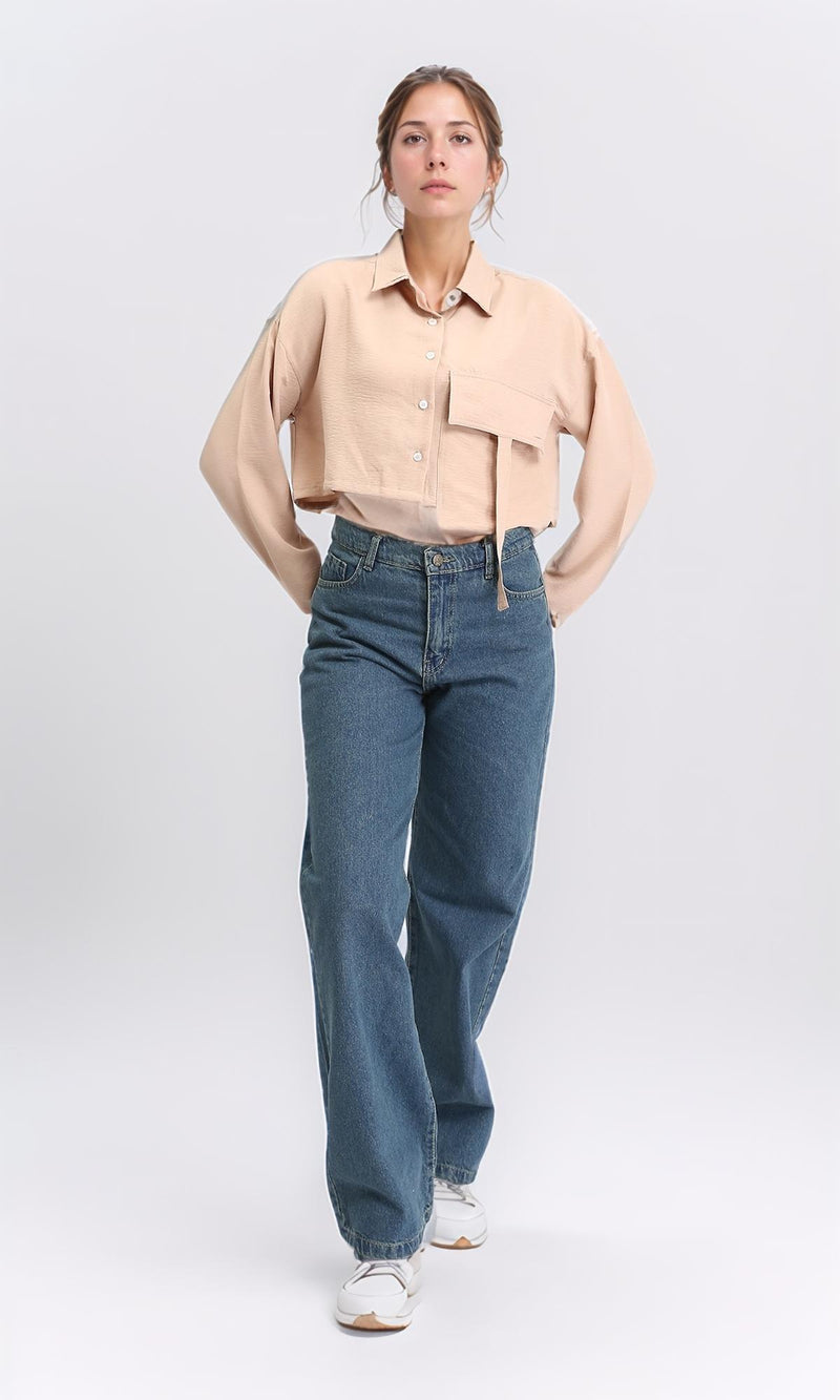 R208491 - Solid Cropped Shirt with Front Pocket - Light Coffee