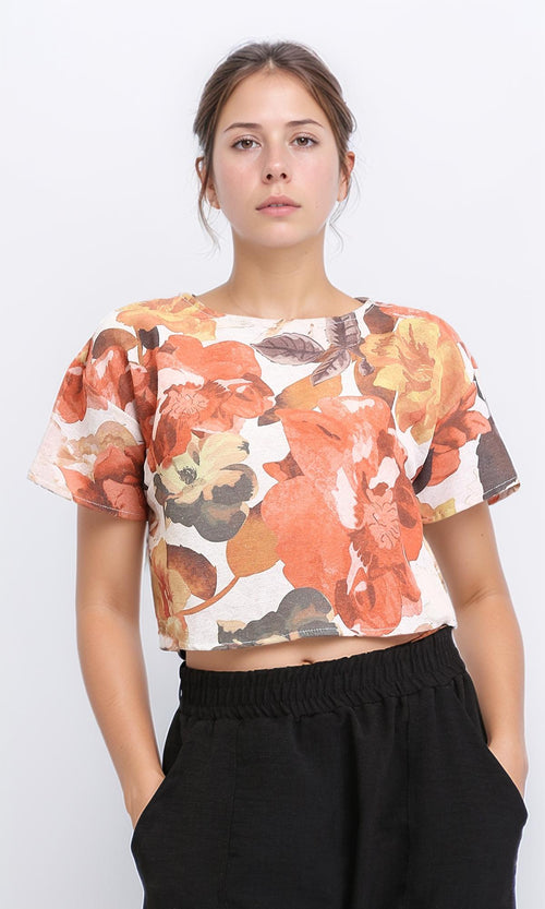 R208492 - Floral Short Sleeves Summer Tee - Orange & Brown