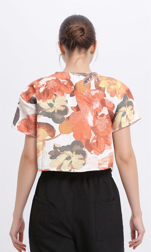 R208492 - Floral Short Sleeves Summer Tee - Orange & Brown