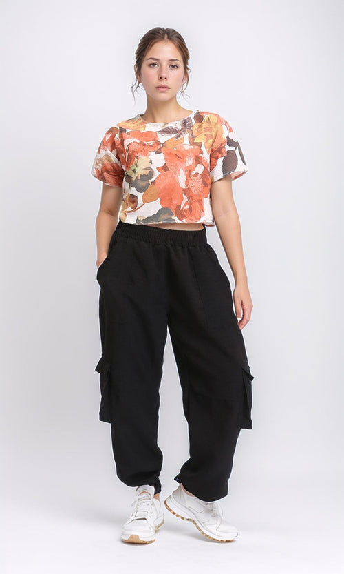 R208492 - Floral Short Sleeves Summer Tee - Orange & Brown