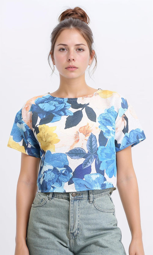 R208493 - Floral Short Sleeves Summer Tee - Blue & Yellow