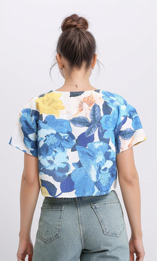 R208493 - Floral Short Sleeves Summer Tee - Blue & Yellow