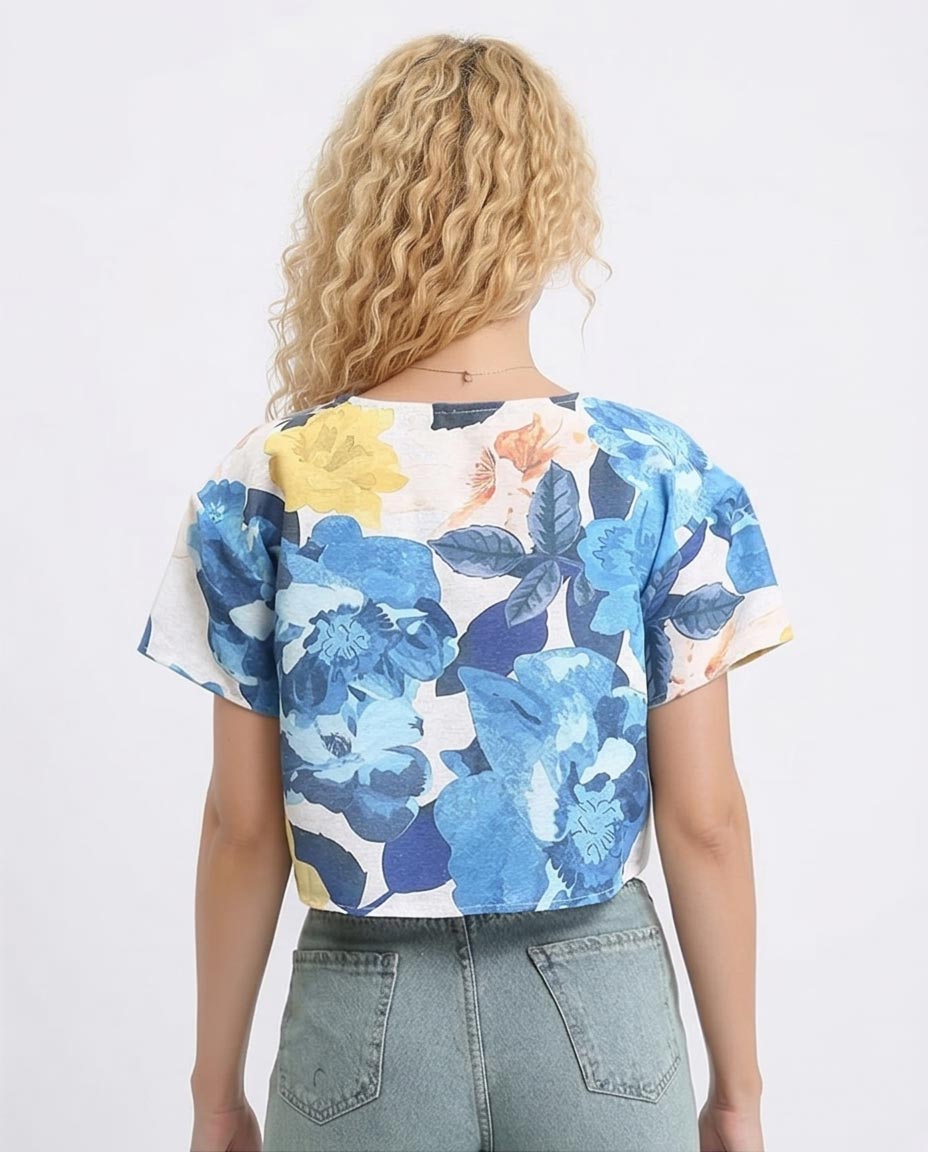 Ravin Women’s Painterly Floral Boxy Crop Top – Blue & Mustard - R208493