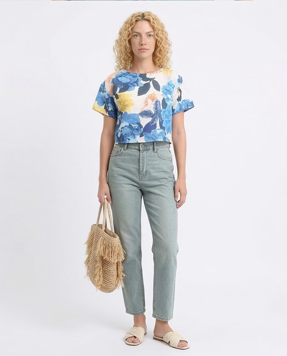 Ravin Women’s Painterly Floral Boxy Crop Top – Blue & Mustard - R208493