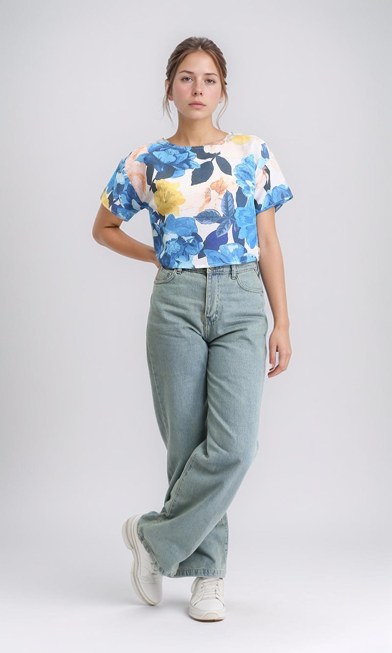 R208493 - Floral Short Sleeves Summer Tee - Blue & Yellow