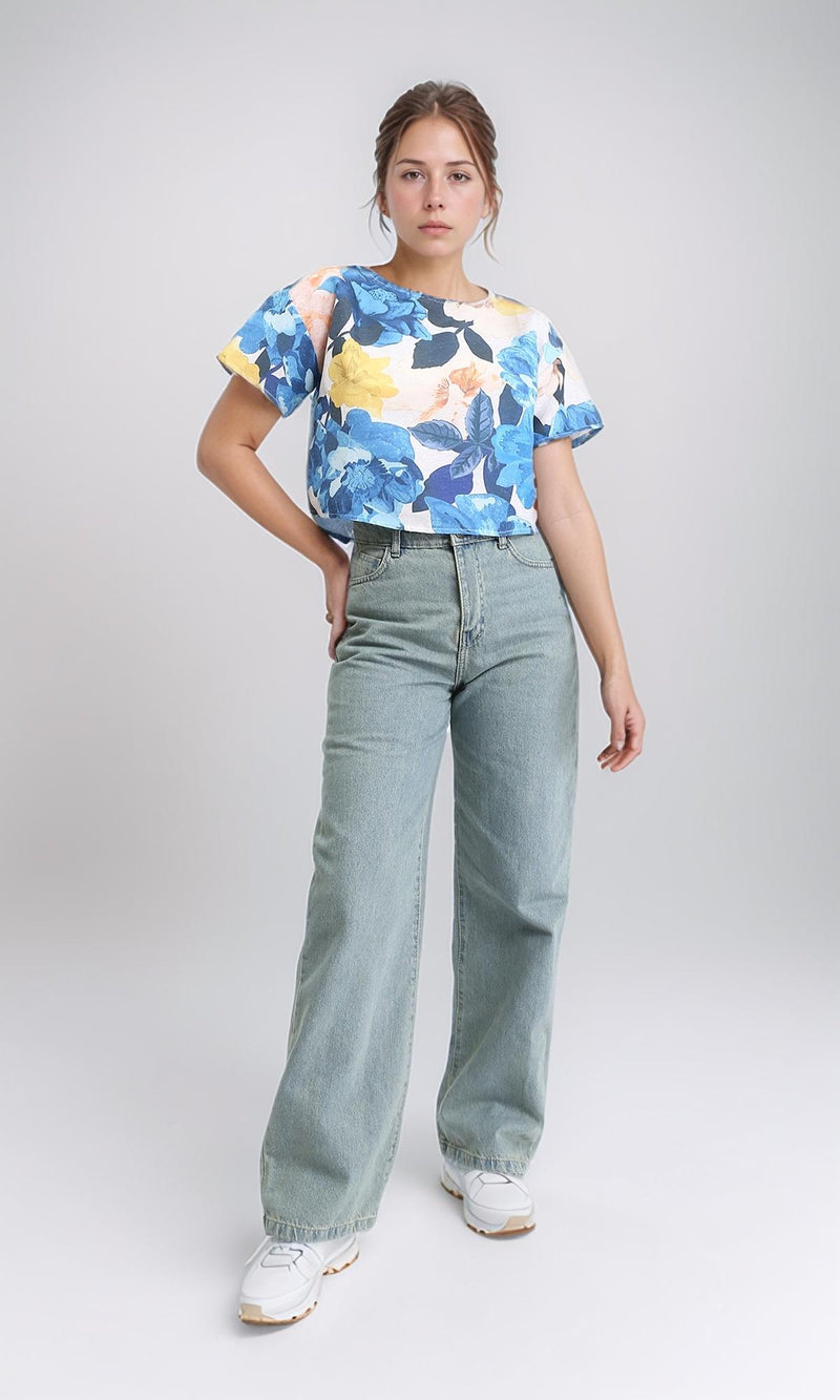 R208493 - Floral Short Sleeves Summer Tee - Blue & Yellow