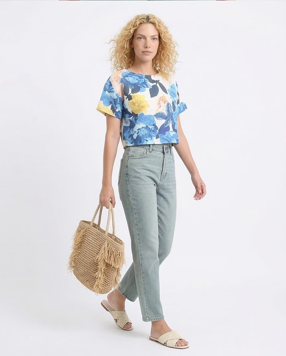 Ravin Women’s Painterly Floral Boxy Crop Top – Blue & Mustard - R208493