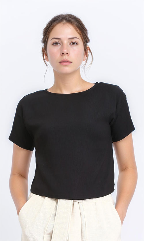 R208495 - Crew Neck Short Sleeves Textured Tee - Black