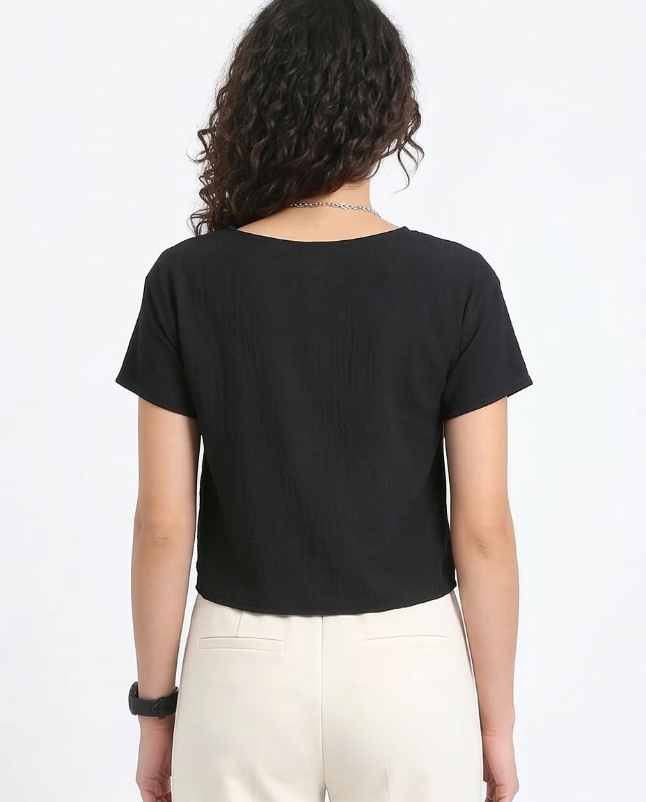 Ravin Textured Boat Neck Boxy Crop Top – Black - R208495