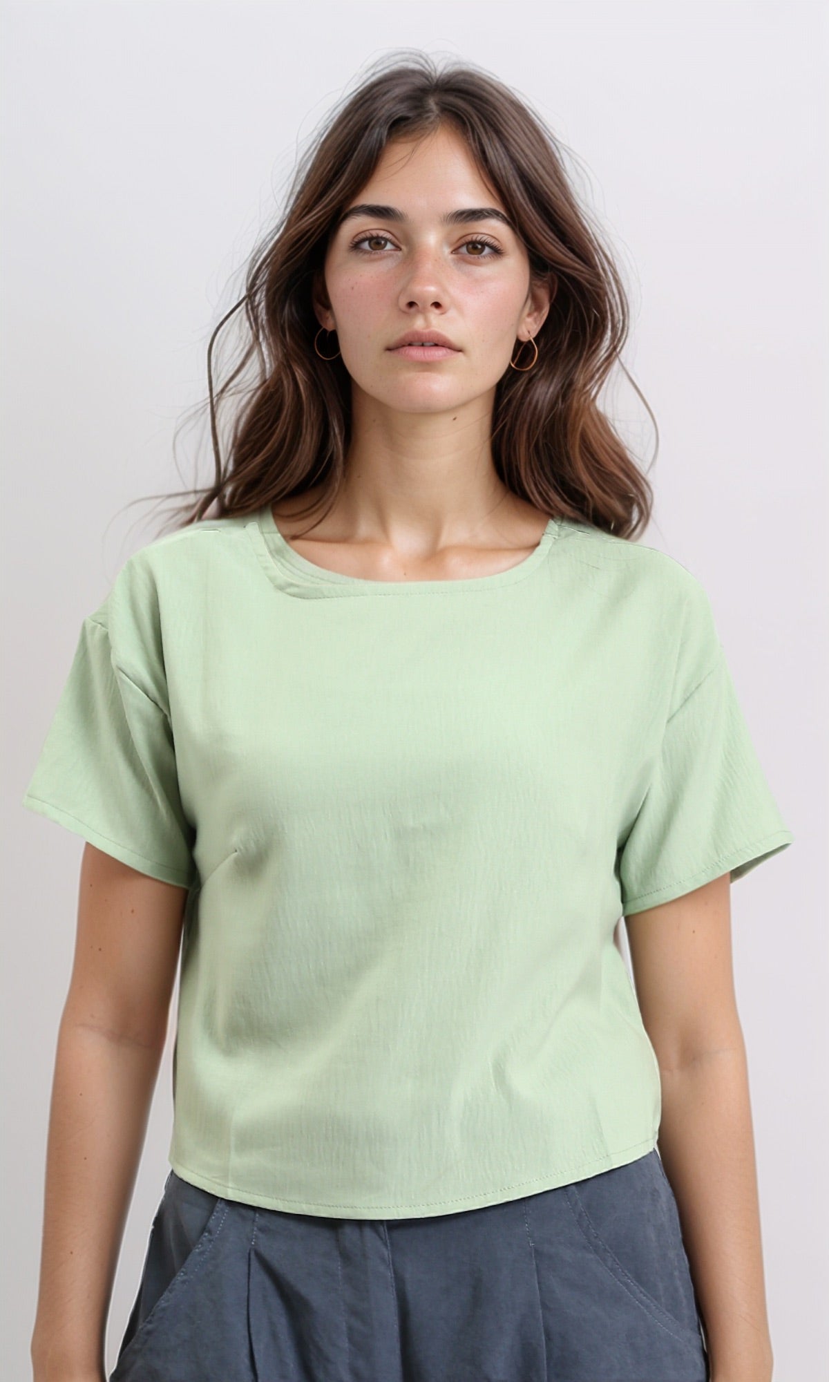 Boat Neck Solid Slip On Basic Tee - Light Green