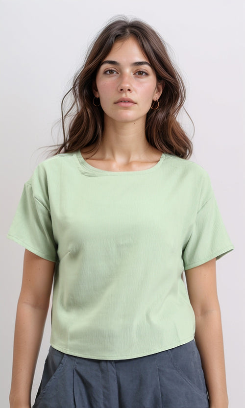 R208496 - Boat Neck Solid Slip On Basic Tee - Light Green