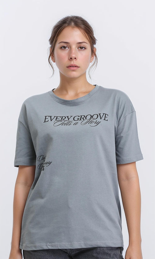 R208497 - Printed Crew Neck Cotton Tee - Medium Grey