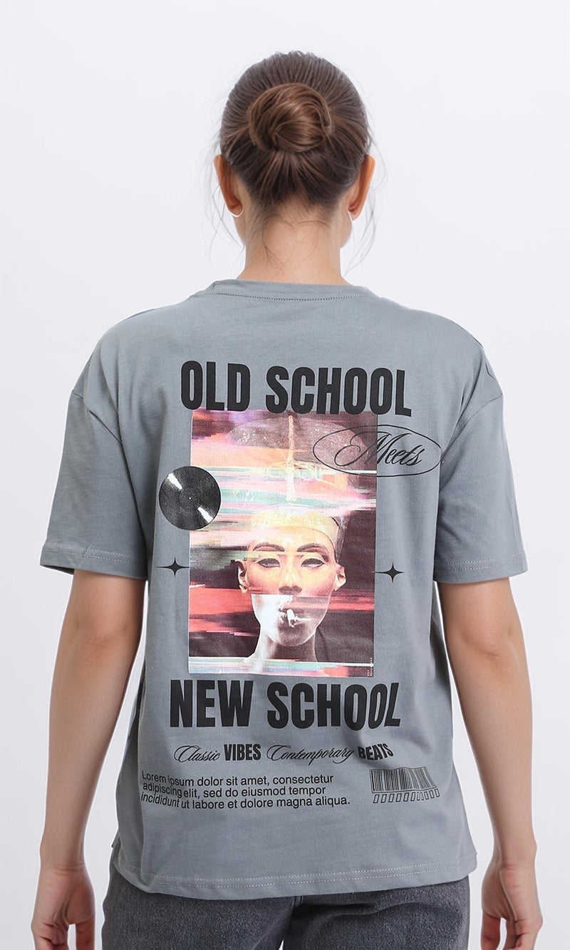 R208497 - Printed Crew Neck Cotton Tee - Medium Grey