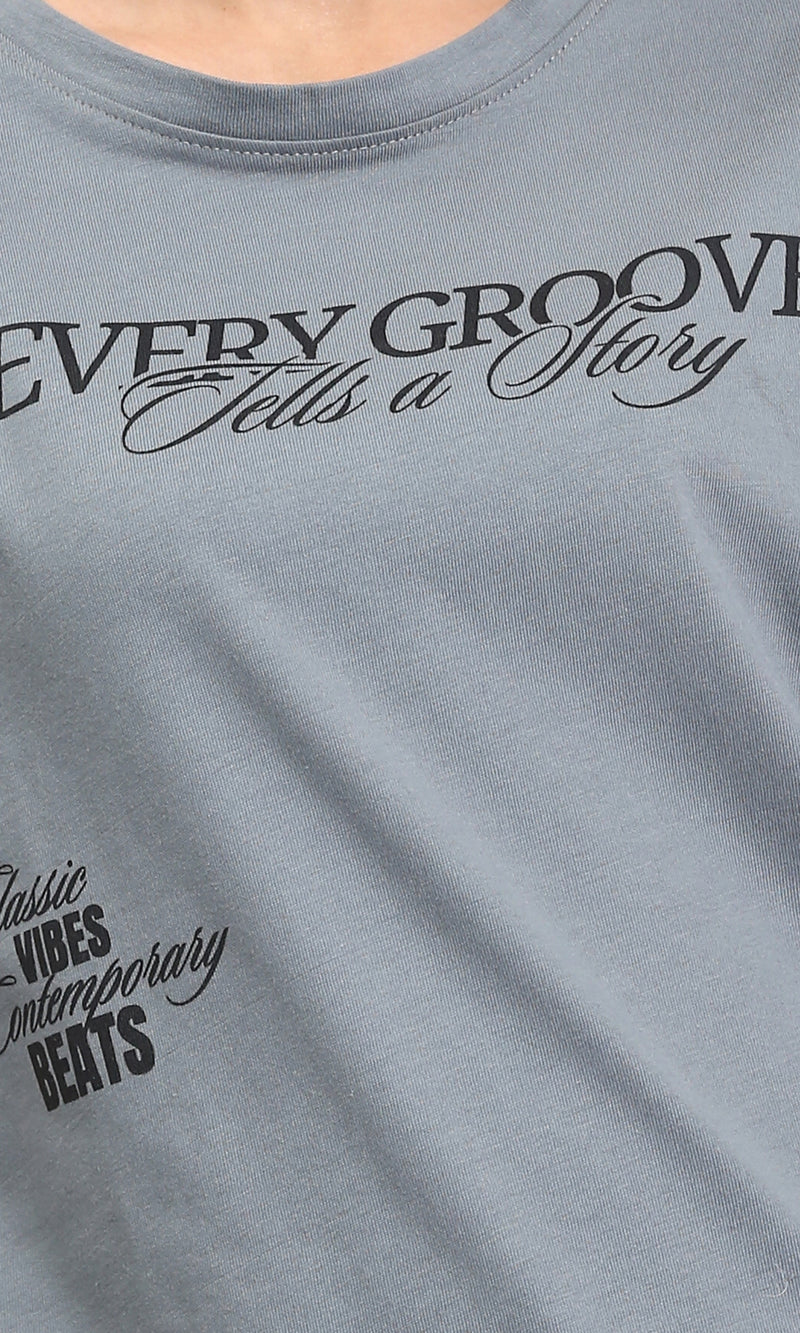 R208497 - Printed Crew Neck Cotton Tee - Medium Grey