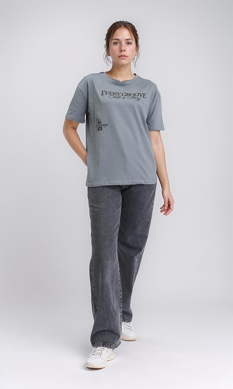 R208497 - Printed Crew Neck Cotton Tee - Medium Grey