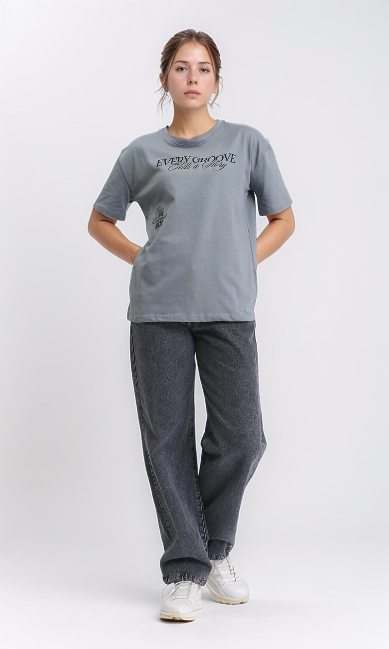 R208497 - Printed Crew Neck Cotton Tee - Medium Grey