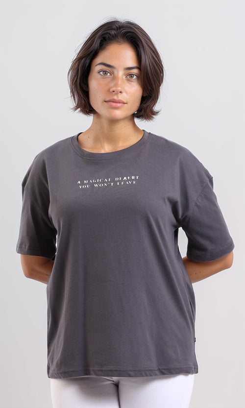R208502-Crew Neck Printed Long Tee - Dark Grey