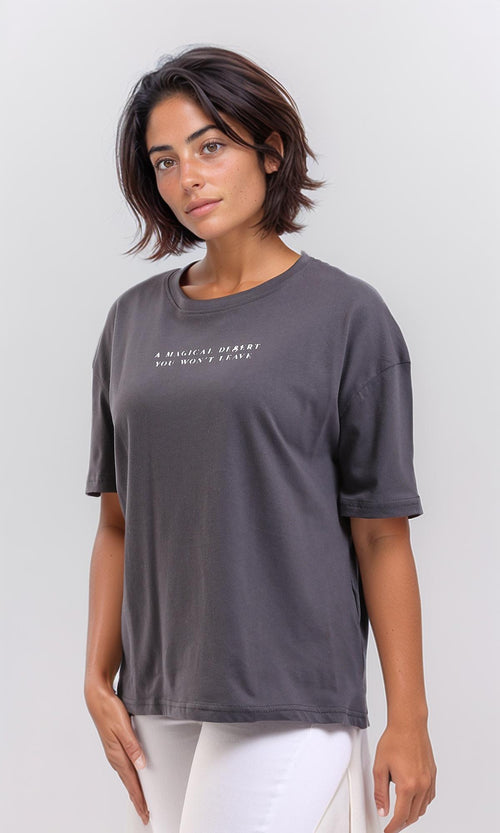 R208502-Crew Neck Printed Long Tee - Dark Grey