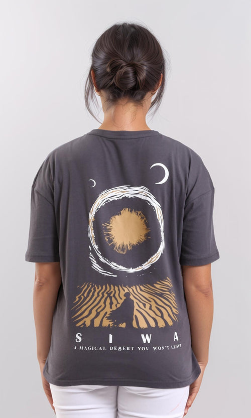 R208502-Crew Neck Printed Long Tee - Dark Grey