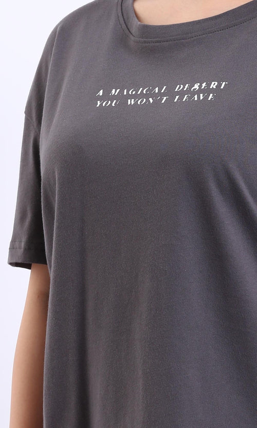 R208502-Crew Neck Printed Long Tee - Dark Grey