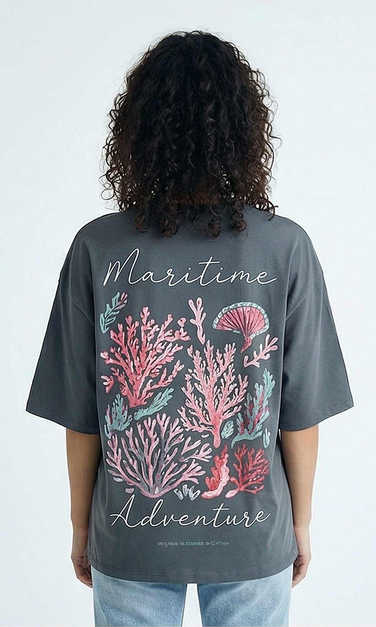 Grey Maritime Adventure Oversized Graphic Tee - R208503