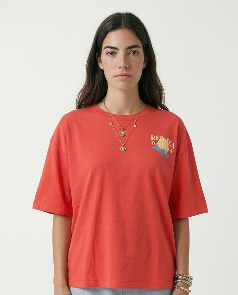 Red Sea "egyptian Bay" Oversized Graphic Tee - Coral Red