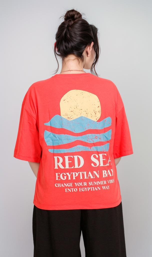 R208505 - Graphic Printed Oversized T-Shirt - Coral Red