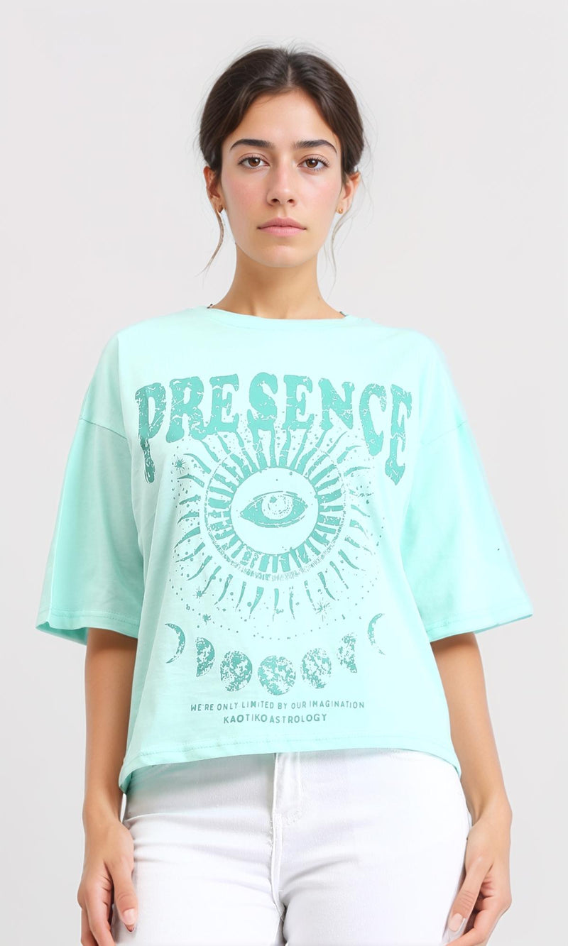 R208506 - Elbow Sleeves Printed Slip On Tee - Aqua