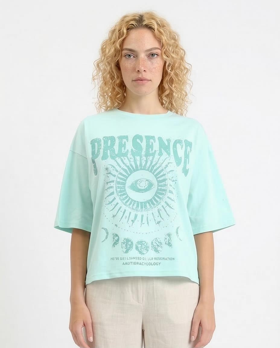 Women's "presence" Celestial Graphic Oversized T-Shirt - Mint Aqua