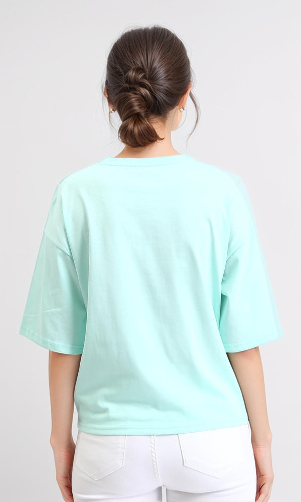 R208506 - Elbow Sleeves Printed Slip On Tee - Aqua